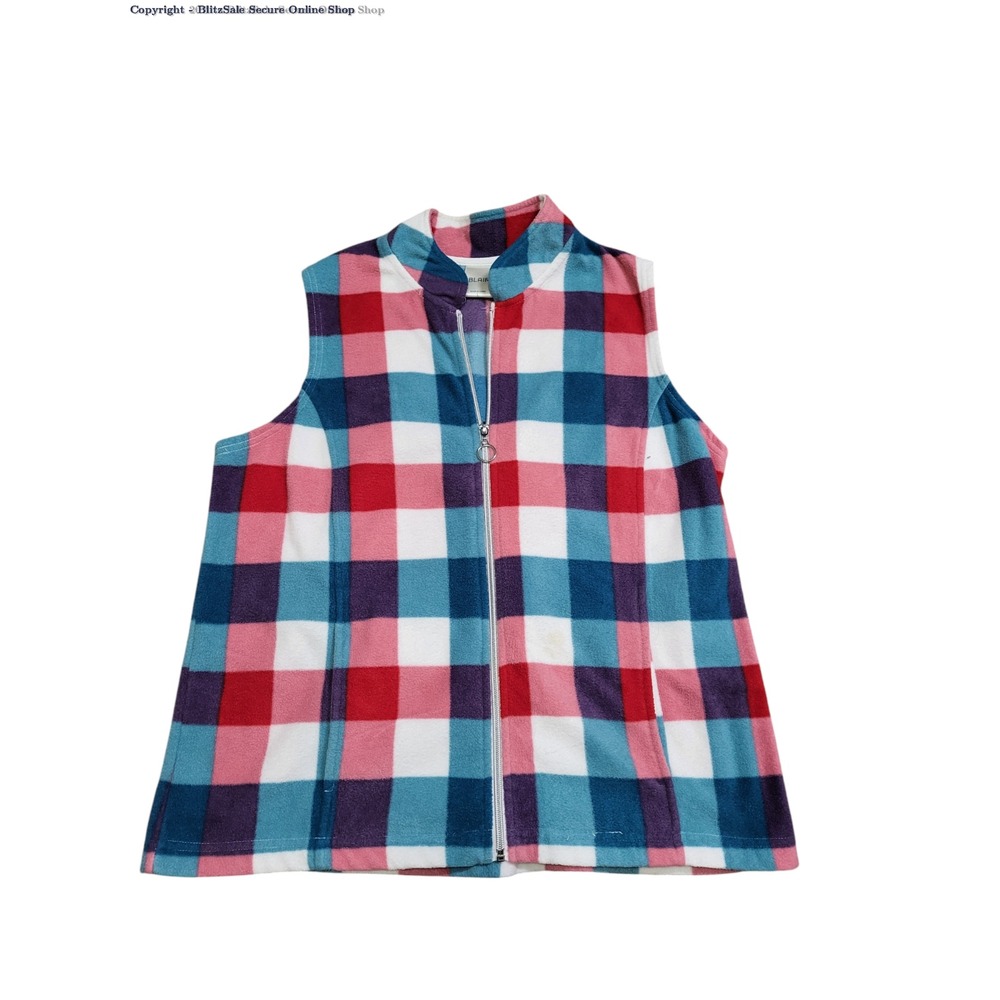 Blair Fleece Vest Womens Large Blue Red White Plaid Sleeveless‎ Zip Up
